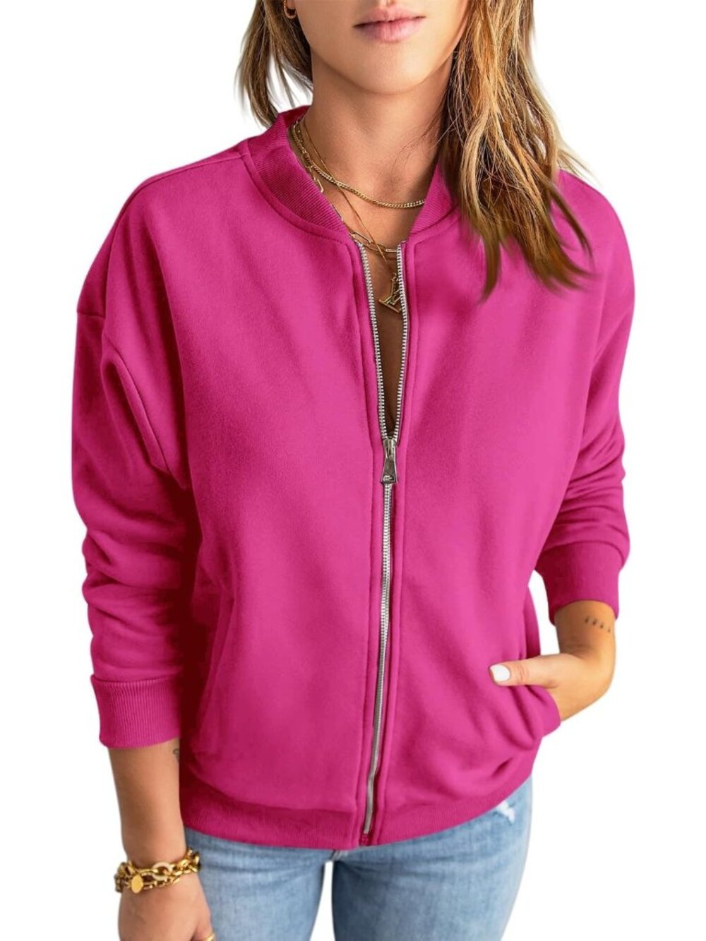 🆕Women's Rose Red Zip Up Sweatshirts Jackets Long Sleeve Casual Loose Outwear